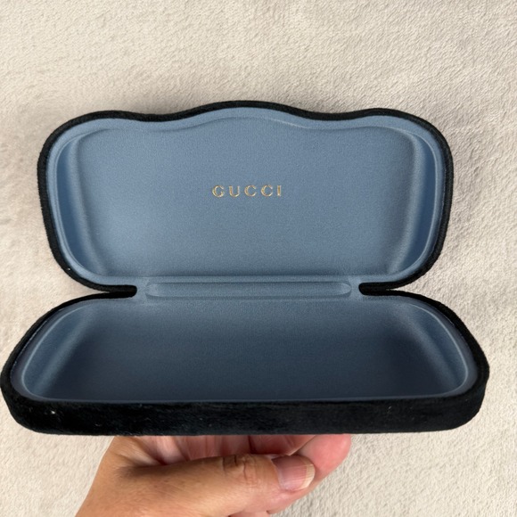 Gucci Accessories - Gucci Black Velvet Hard Sunglasses Case Blue Satin Lining Gold Logo Clamshell